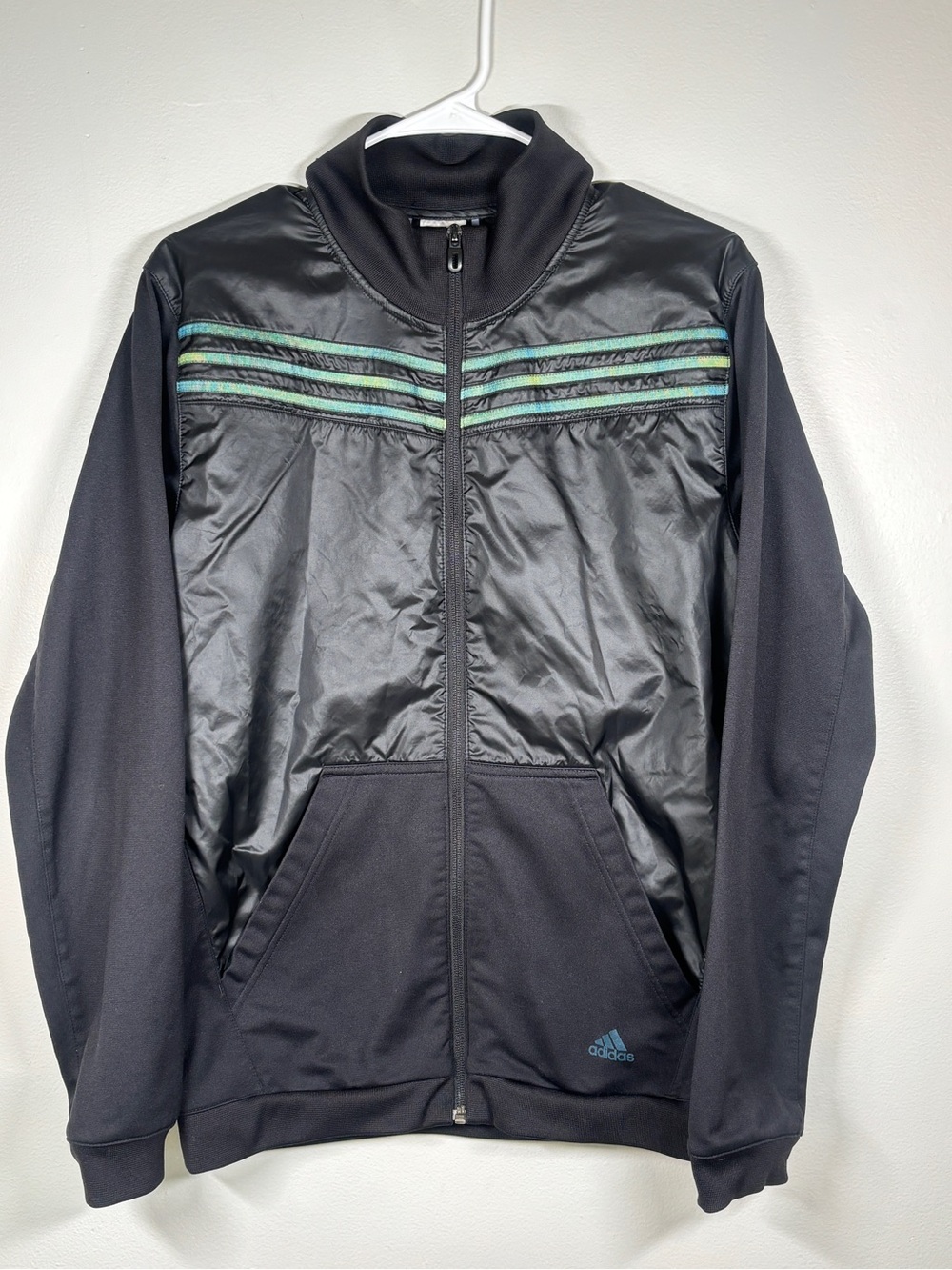 Vintage Adidas Woven Nylon Chest Panel Track Jacket Black Green Striped Small - Picture 1 of 8